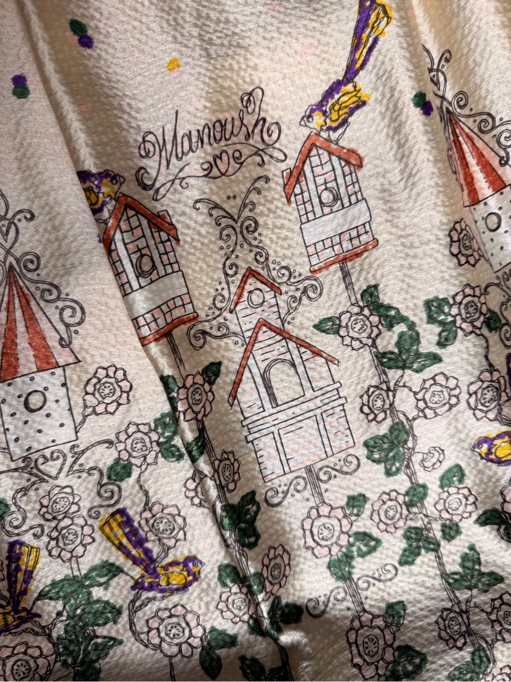 Rare Vintage MANOUSH 100% Silk Bird House Midi Skirt Cottagecore Whimsical Sz6 - Picture 9 of 12